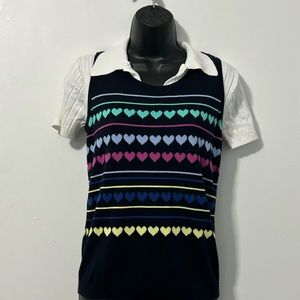 Talbots xs navy blue sweater vest with horizontal stripes and colorful hearts